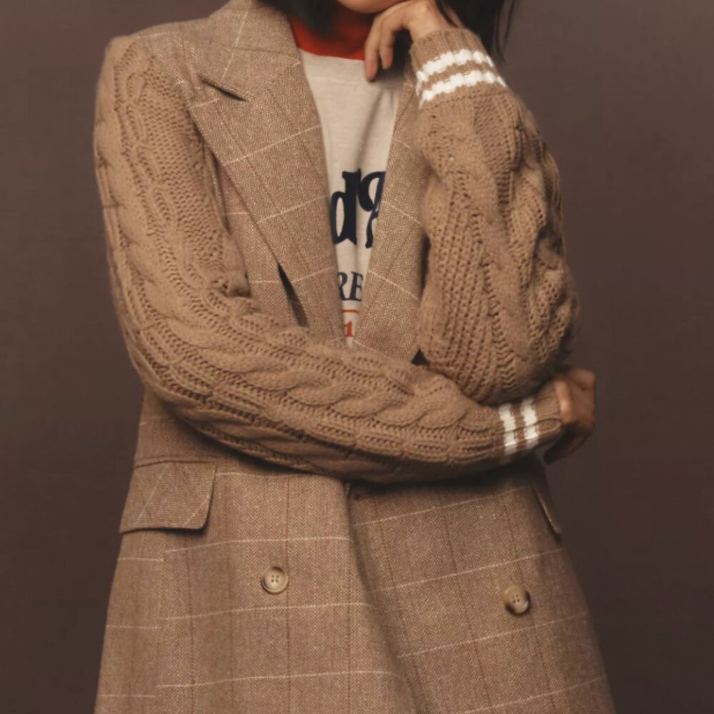Avec Les Filles Tan Plaid Blazer with Cable Knit Sleeves
